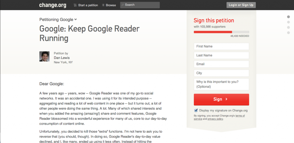 Petição contra o encerramento do Google Reader