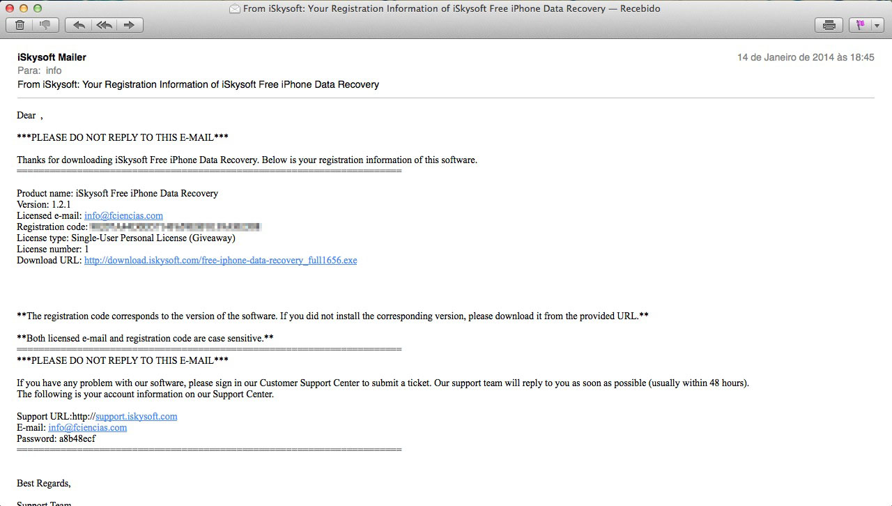 Email de registo