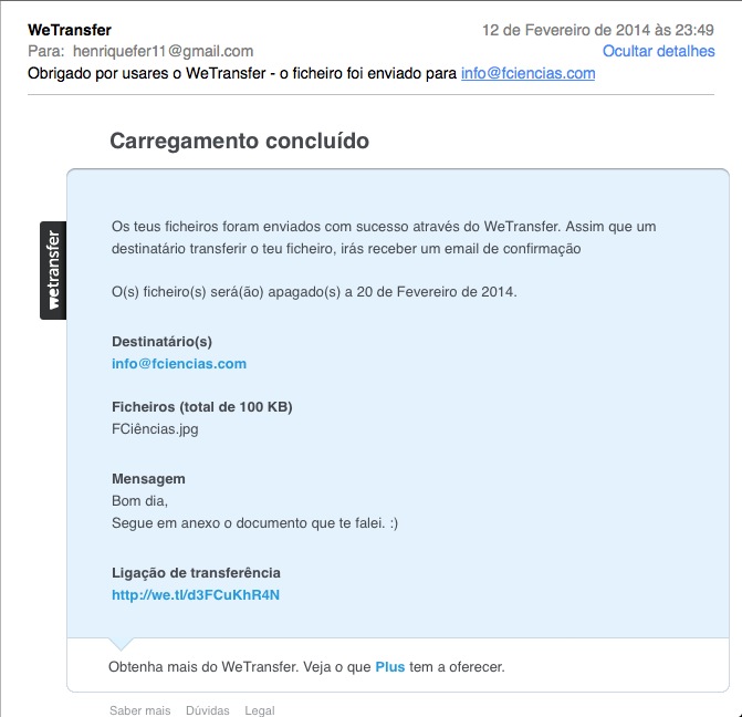 WeTransfer | Email de confirmação