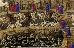 Pormenor do "Mappa d'el Inferno" de Botticelli - pintura representativa da descrição de Dante no livro "Inferno" da "Divina Comédia".