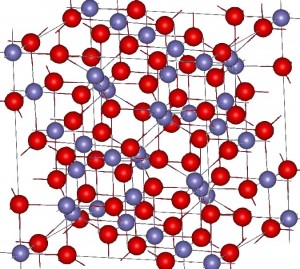 Estrutura cristalina da magnetite (átomos de Ferro indicados a cinza; átomos de Oxigénio indicados a vermelho)