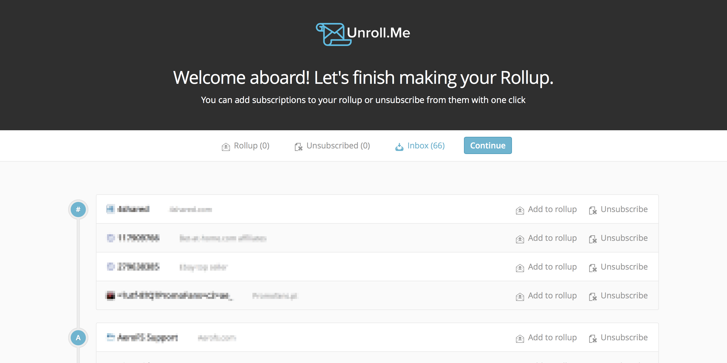 Unrollme | Listagem de subscrições