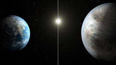 Uma representação compara a Terra (esquerda) com o novo planeta, Kepler 452b. Este possui um diâmetro 60% maior que o da Terra.