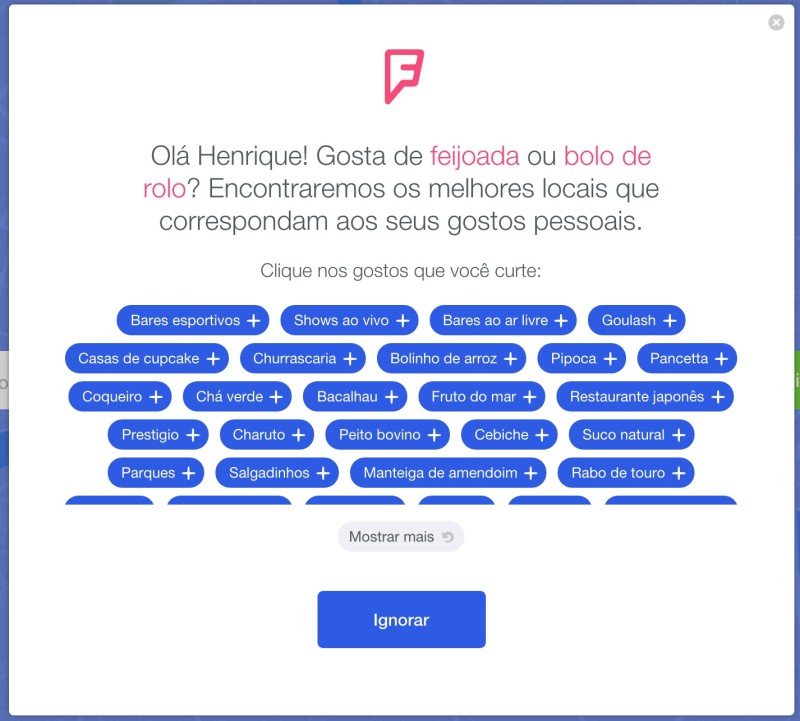 Escolha dos pratos Foursquare