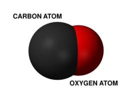 Molécula de monóxido de carbono. Formada por um átomo de carbono e de oxigénio ligados por uma ligação tripla