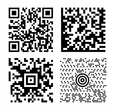 4 diferentes códigos de barras bidimensionais. Em cima, à esquerda: QR code. Em cima, à direita, DataMatrix. Em baixo, à esquerda: Aztec code. Em baixo, à direita, MaxiCode.
